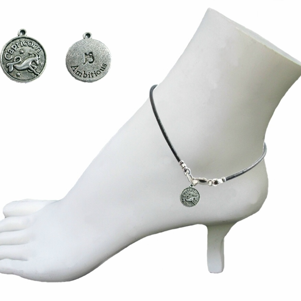 Black Leather Anklet ~ Capricorn Zodiac Charm